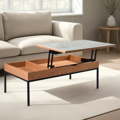Rectangular Lift-Top Coffee Table in Natural Finish with Sintered Stone Panel