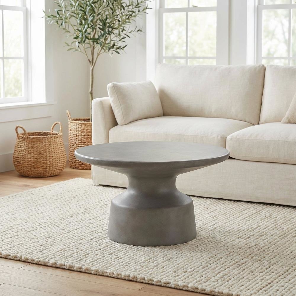 Grey Round Pedestal Coffee Table with Sturdy Concrete Top and Solid Base