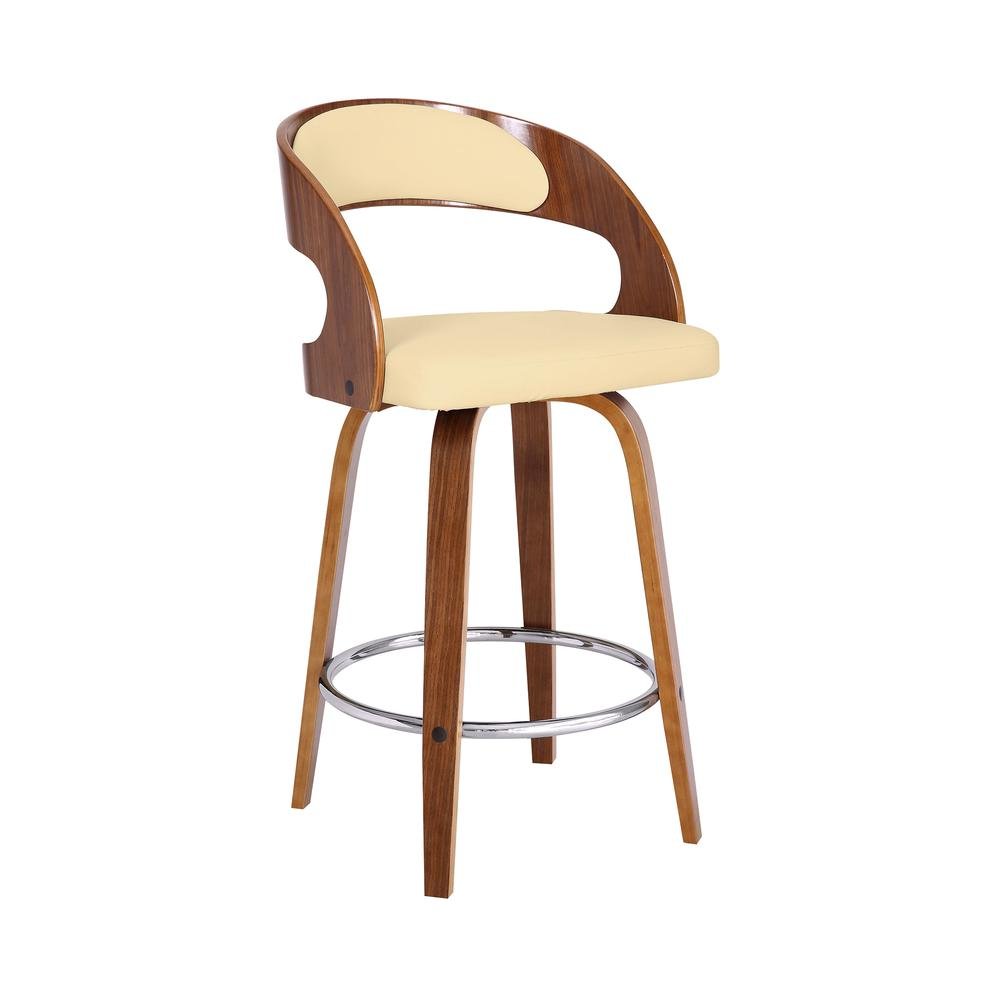 Swivel Counter Bar Stool with Walnut Wood Finish and Cream Faux Leather