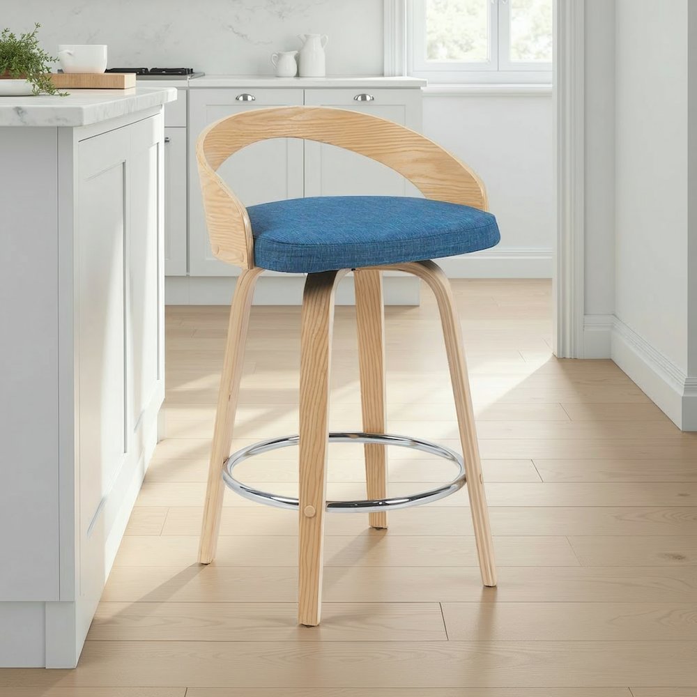 Swivel Counter Height Bar Stool with Blue Upholstered Seat