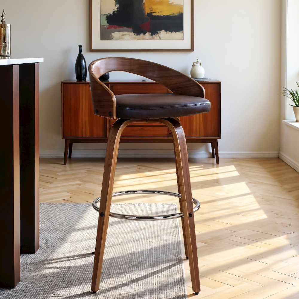 Brown Faux Leather Counter Stool with Walnut Wood and Steel Frame