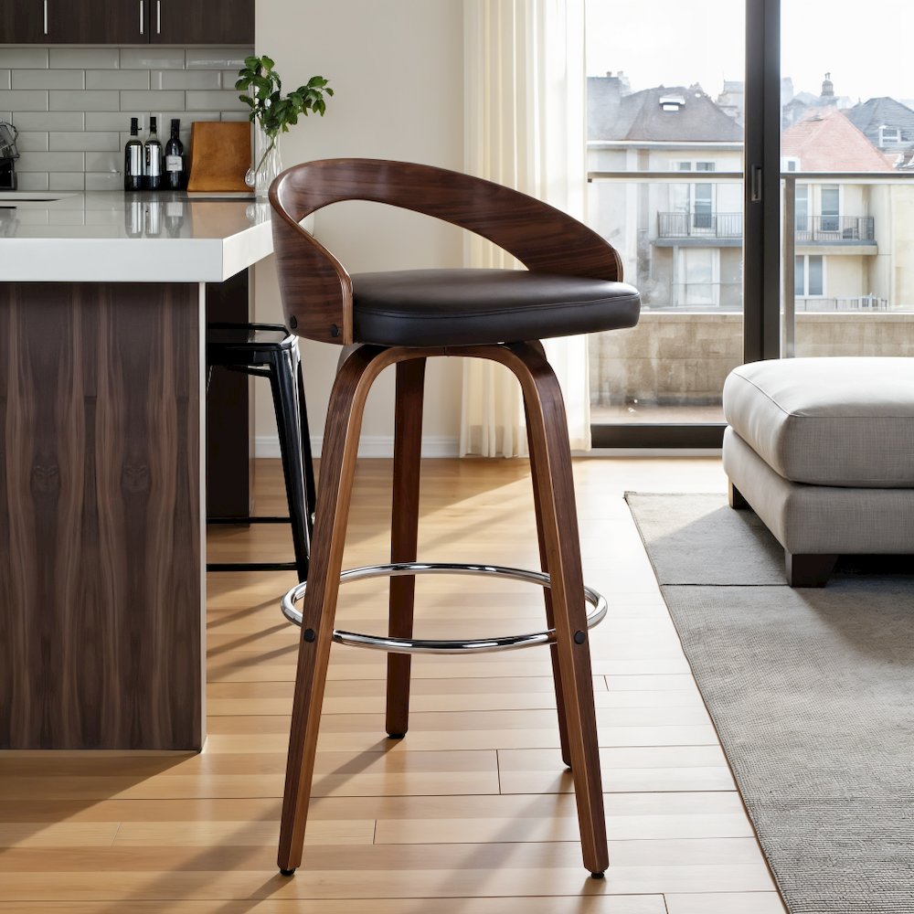 Brown Faux Leather Counter Stool with Walnut Wood and Steel Frame