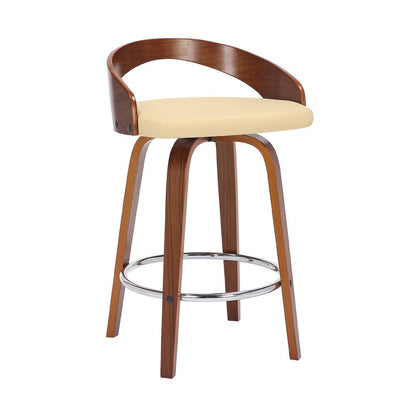 Swivel Counter Bar Stool with Cream Faux Leather and Walnut Wood Frame