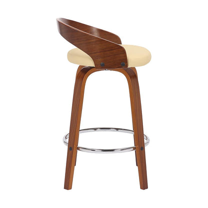 Swivel Counter Bar Stool with Cream Faux Leather and Walnut Wood Frame