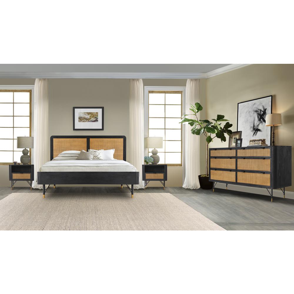 Saratoga King Platform Frame Bed in Black Acacia with Rattan Headboard