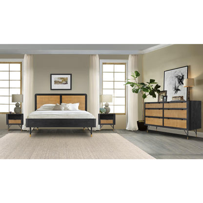Saratoga King Platform Frame Bed in Black Acacia with Rattan Headboard
