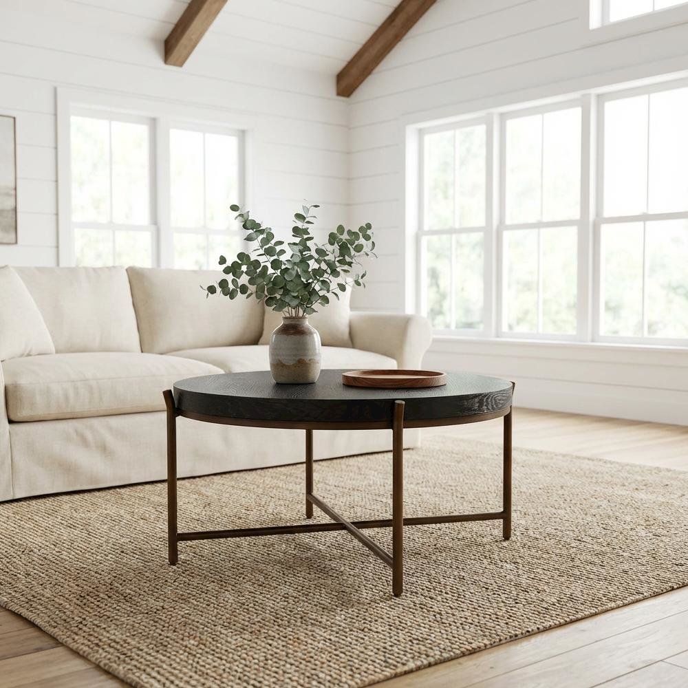Brushed Oak and Metal Round Coffee Table with Sturdy Frame and Modern Design
