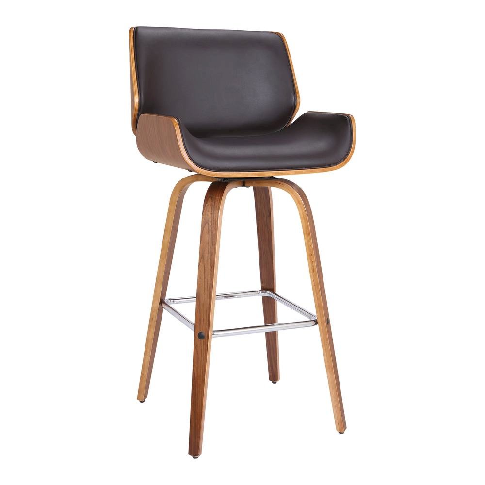 Mid-Century Swivel Bar Stool with Walnut Veneer and Faux Leather Seat