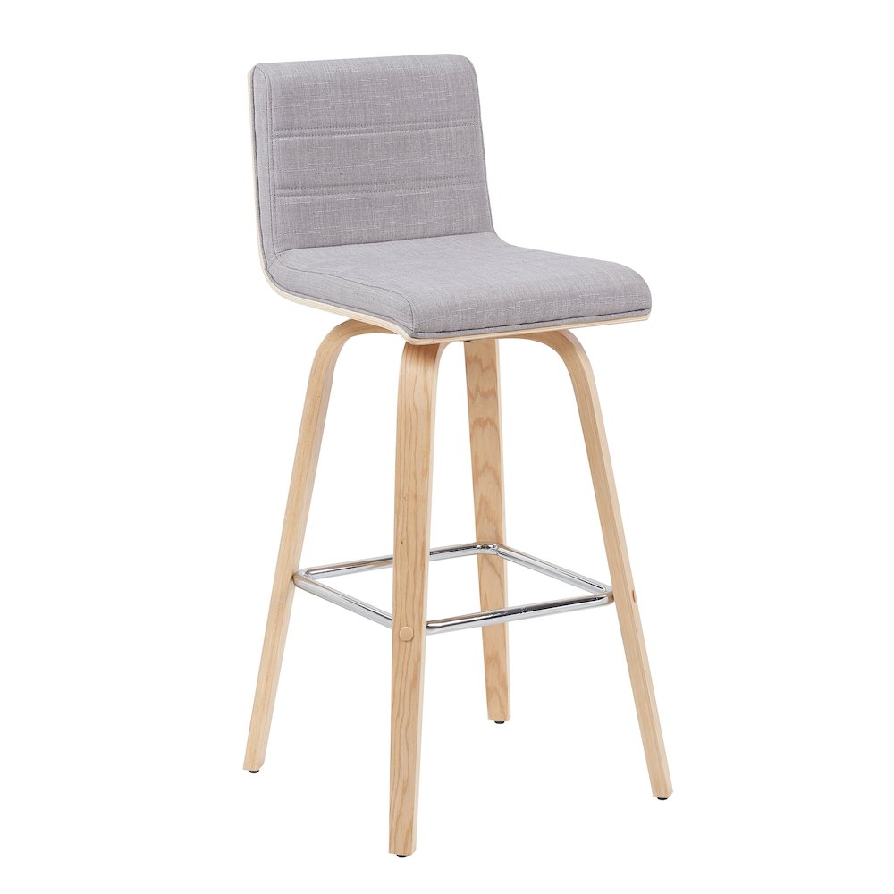 Swivel Bar Height Stool with Grey Upholstered Seat and Patterned Oak Wood Frame