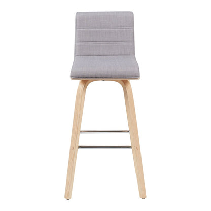 Swivel Bar Height Stool with Grey Upholstered Seat and Patterned Oak Wood Frame