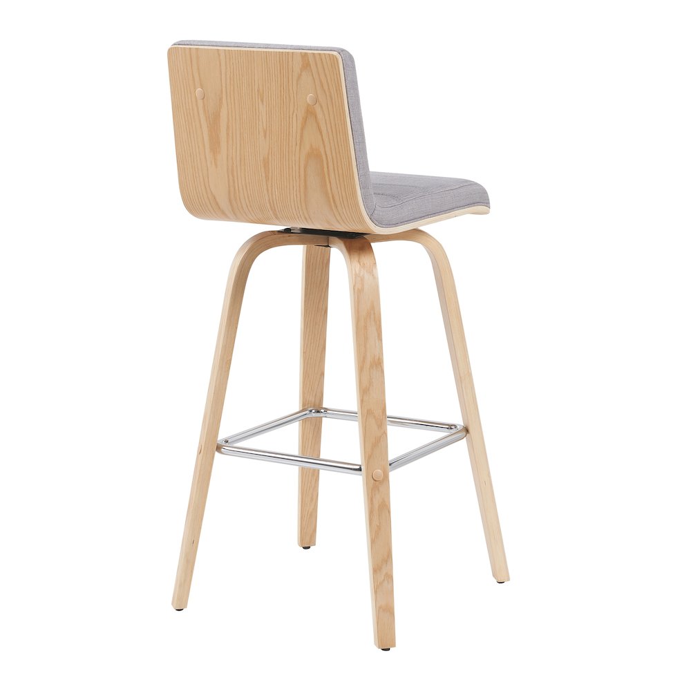Swivel Bar Height Stool with Grey Upholstered Seat and Patterned Oak Wood Frame