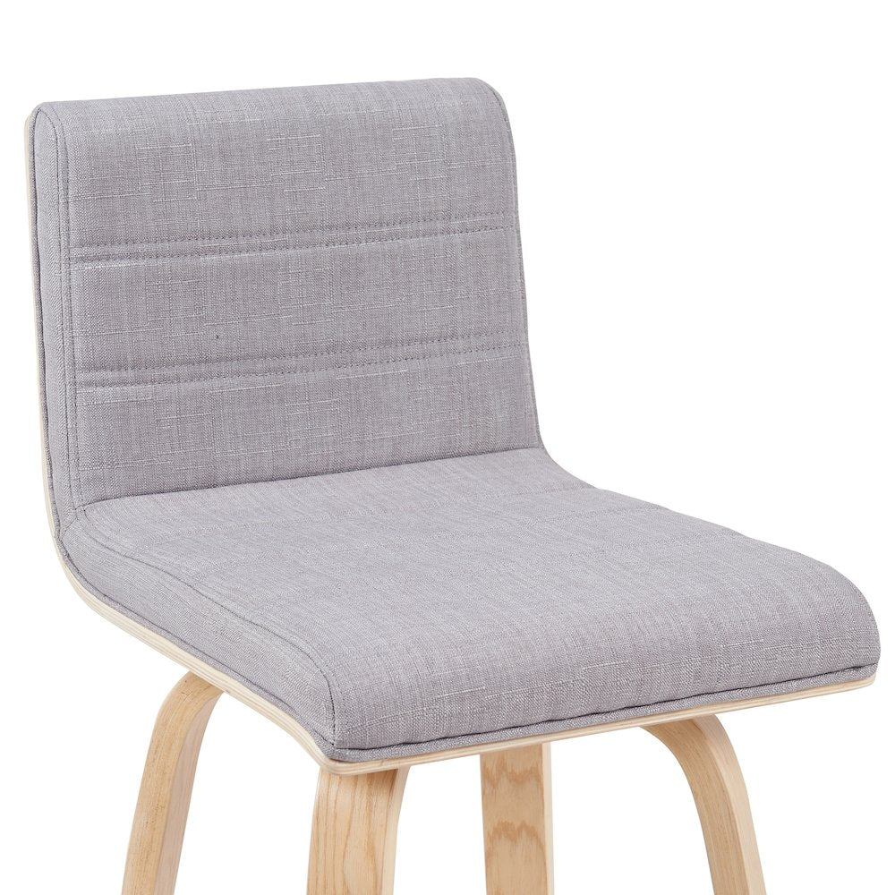Swivel Bar Height Stool with Grey Upholstered Seat and Patterned Oak Wood Frame