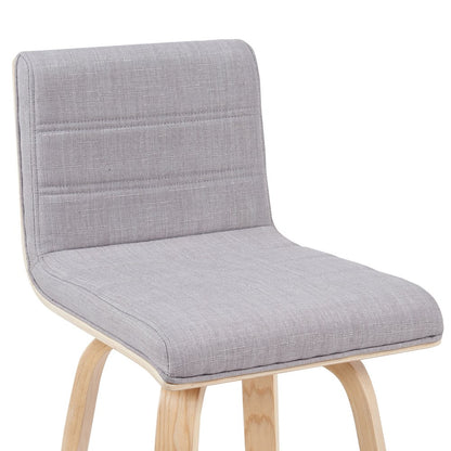 Swivel Bar Height Stool with Grey Upholstered Seat and Patterned Oak Wood Frame