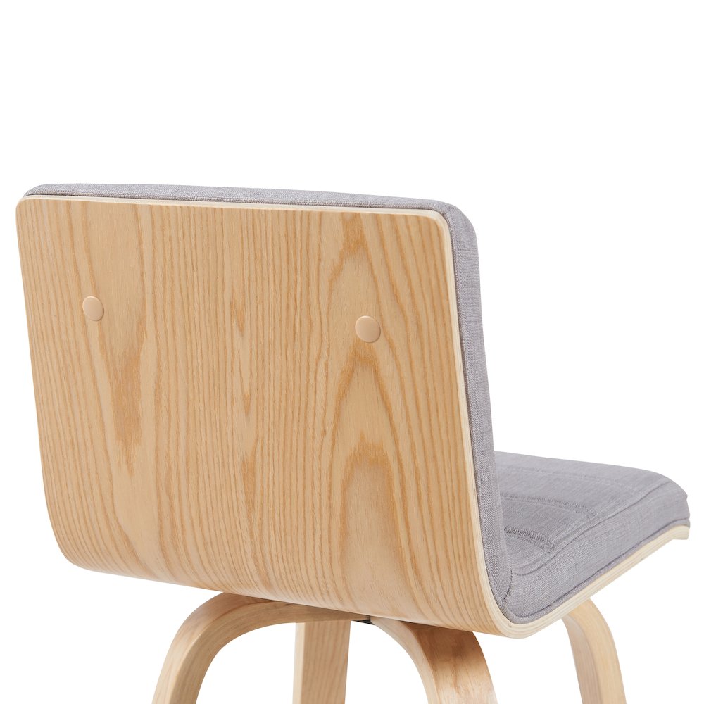 Swivel Bar Height Stool with Grey Upholstered Seat and Patterned Oak Wood Frame