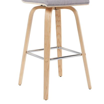 Swivel Bar Height Stool with Grey Upholstered Seat and Patterned Oak Wood Frame