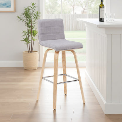 Swivel Bar Height Stool with Grey Upholstered Seat and Patterned Oak Wood Frame