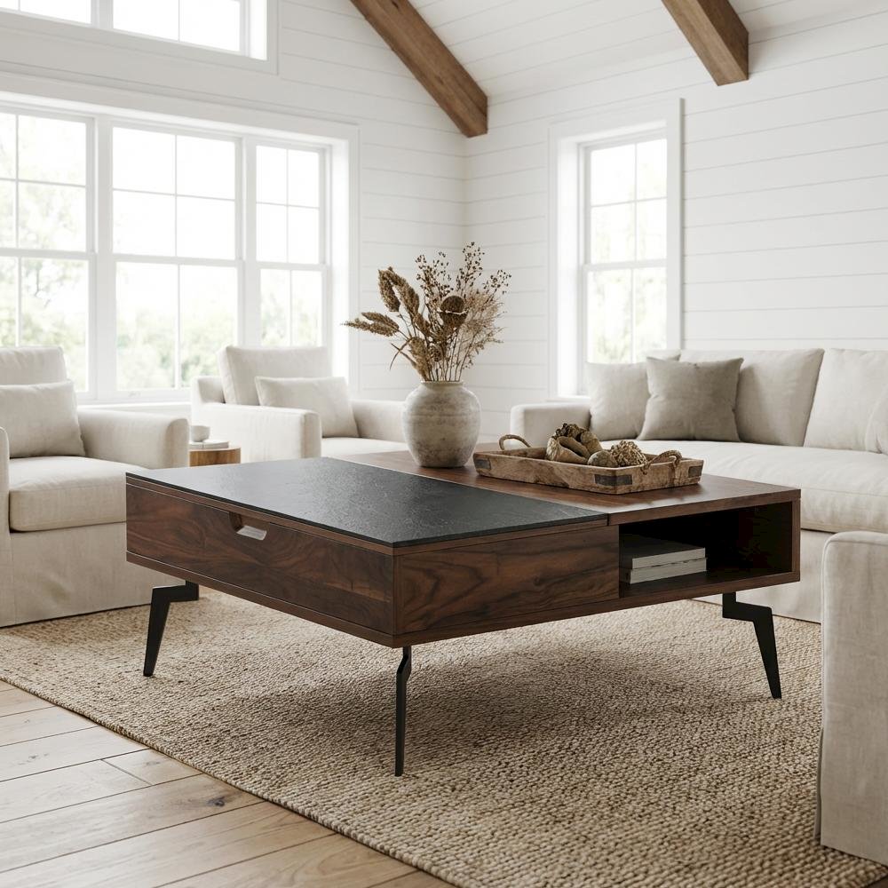 Square Lift-Top Coffee Table Walnut Finish with Sintered Stone Panel
