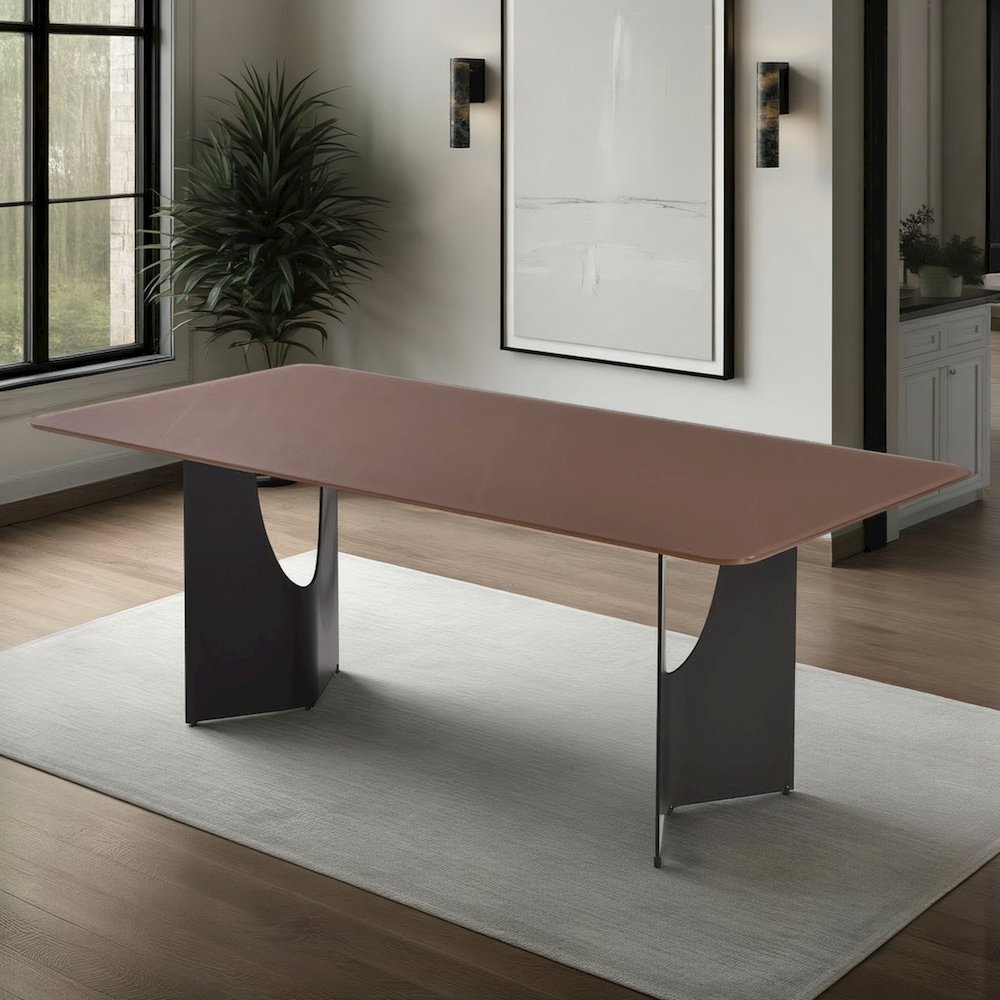 79in Rectangular Dining Table with Maroon Tempered Glass Table Top-Seats up to 6