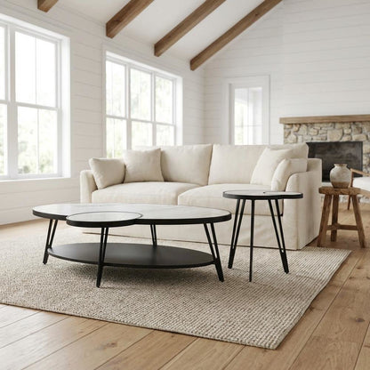 Oval White Coffee Table Set with Sintered Stone Top and Metal Frame, 2-Piece