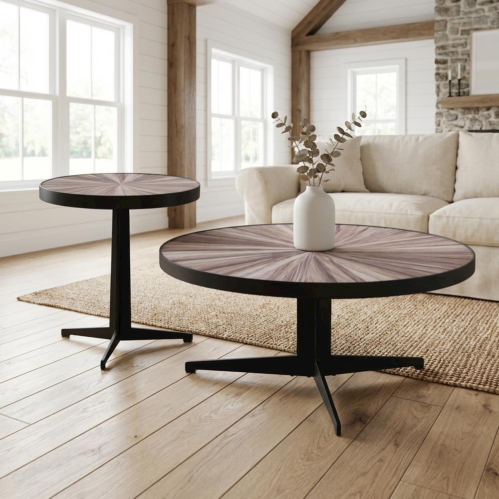 Round Maroon Coffee Table Set with Tempered Glass Top 2-Piece Metal Tripod Legs