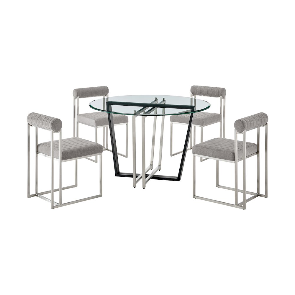 Devi Anastasia 5 Piece Round Glass Dining Table Set with Brushed Stainless Steel