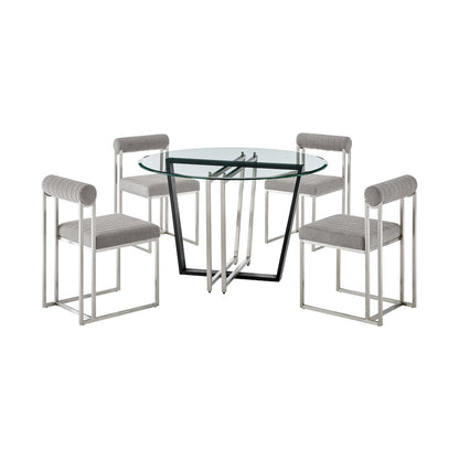 Devi Anastasia 5 Piece Round Glass Dining Table Set with Brushed Stainless Steel