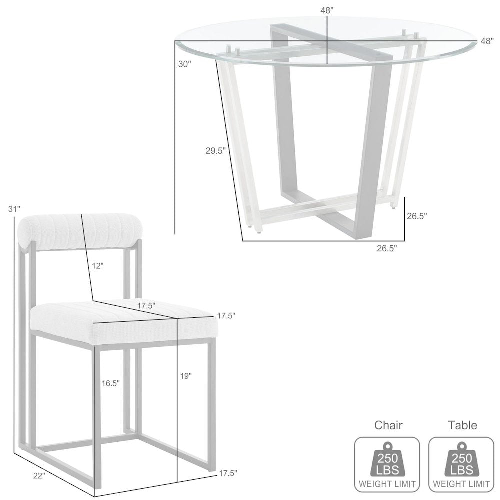 Devi Anastasia 5 Piece Round Glass Dining Table Set with Brushed Stainless Steel