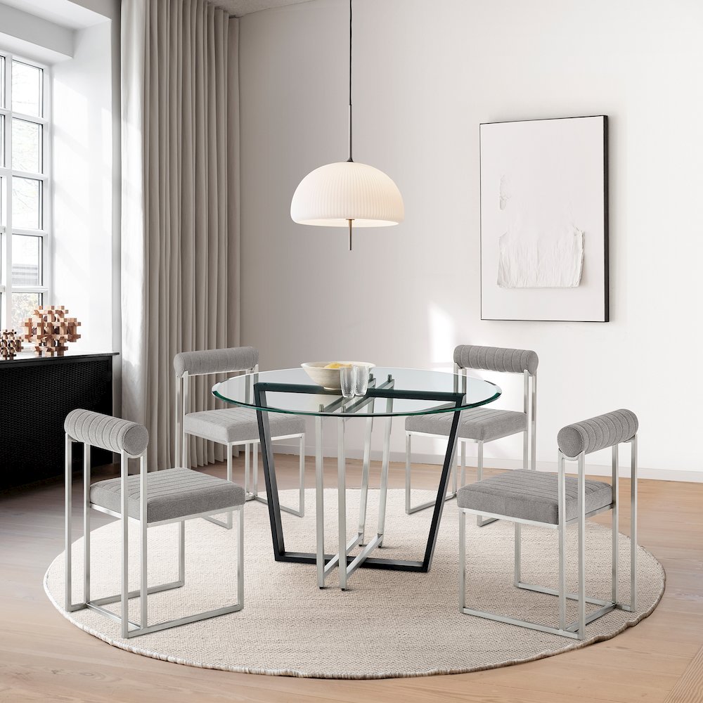 Devi Anastasia 5 Piece Round Glass Dining Table Set with Brushed Stainless Steel