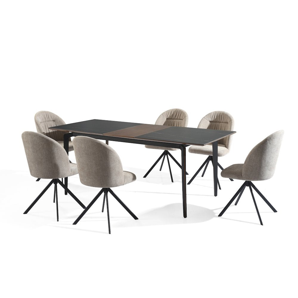 7-Piece Dining Set with Dark Wood and Black Sintered Stone Table Top