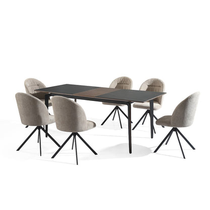7-Piece Dining Set with Dark Wood and Black Sintered Stone Table Top