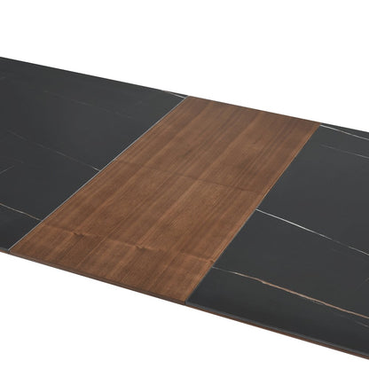 7-Piece Dining Set with Dark Wood and Black Sintered Stone Table Top