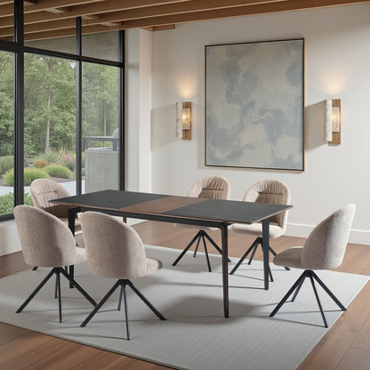 7-Piece Dining Set with Dark Wood and Black Sintered Stone Table Top