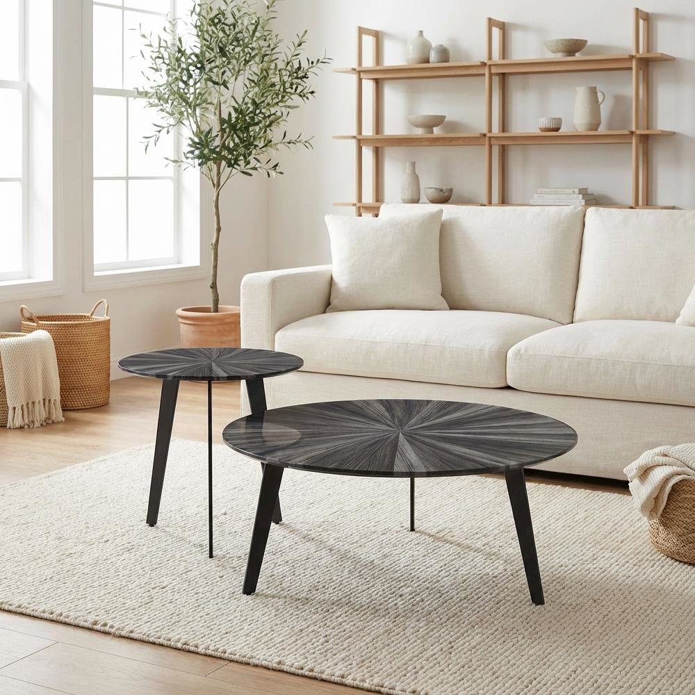 Gray Mid-Century Round Coffee Table Set with Tempered Glass Tops, Tripod Legs