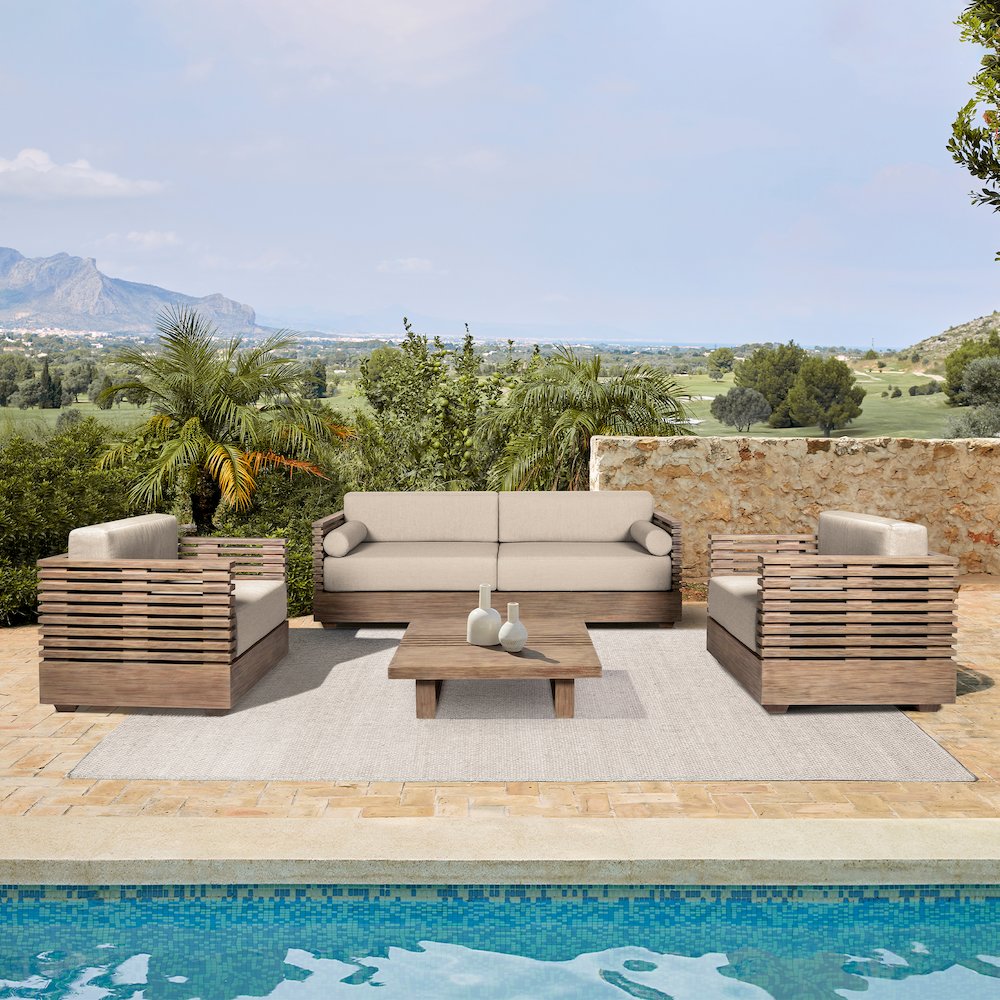 Outdoor Patio 4 Piece Conversation Set in Light Eucalyptus Wood