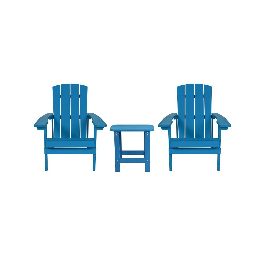 2 Pack All-Weather Poly Resin Wood Adirondack Chairs with Side Table in Blue