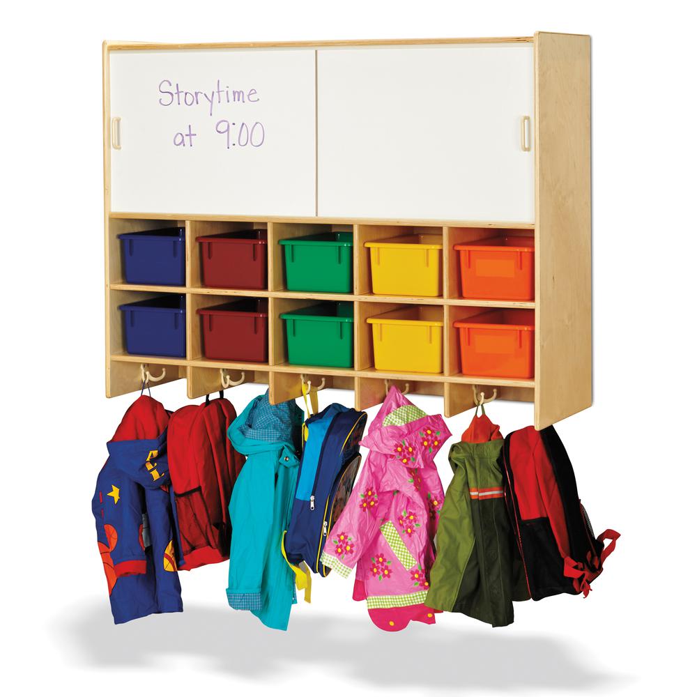 10 Section Wall Mount Coat Locker with Storage – with Clear Cubbie-Trays