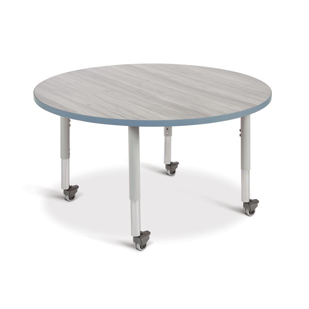 Berries® Round Activity Table - 48" Diameter, Mobile - Driftwood Gray/Coastal Blue/Gray