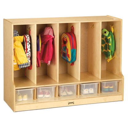Toddler 5 Section Coat Locker with Step - with Clear Trays