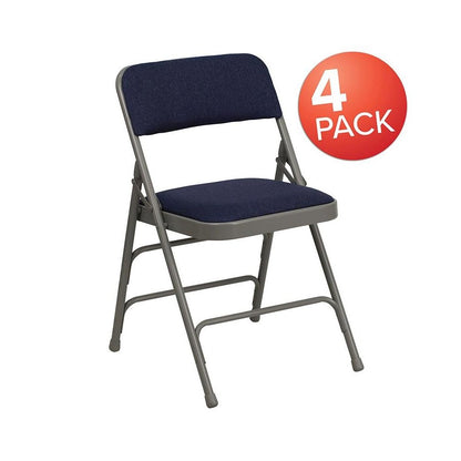 4 Pk. Curved Triple Braced & Double Hinged Navy Fabric Metal Folding Chair