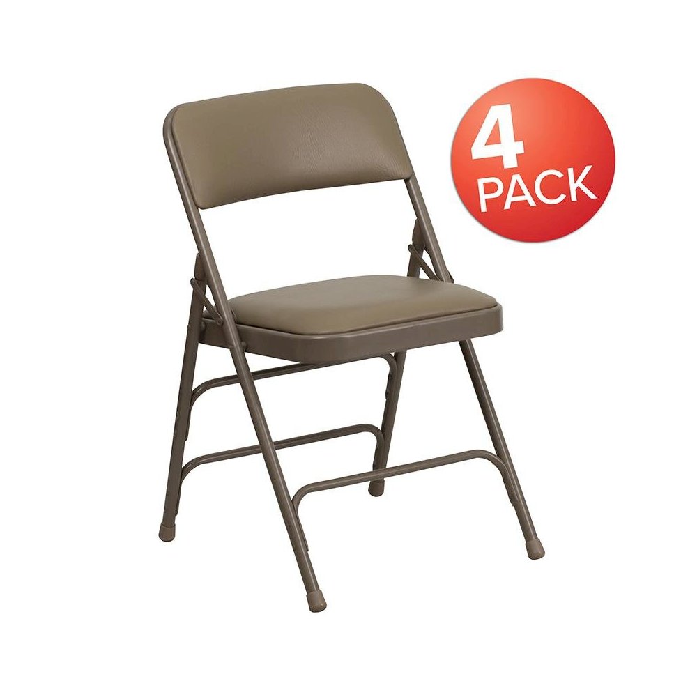 4 Pk. Curved Triple Braced & Double Hinged Beige Vinyl Metal Folding Chair