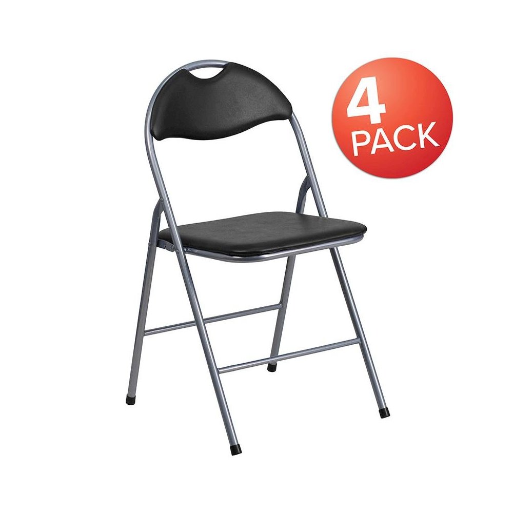 4 Pk. HERCULES Series Black Vinyl Metal Folding Chair with Carrying Handle