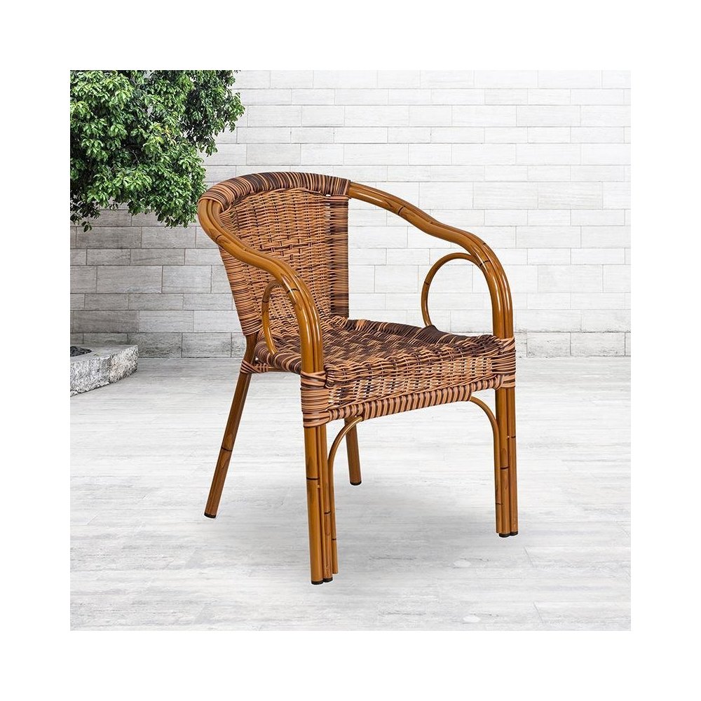 Burning Brown Rattan Patio Chair-Dark Red Bamboo-Aluminum Frame pack of 3