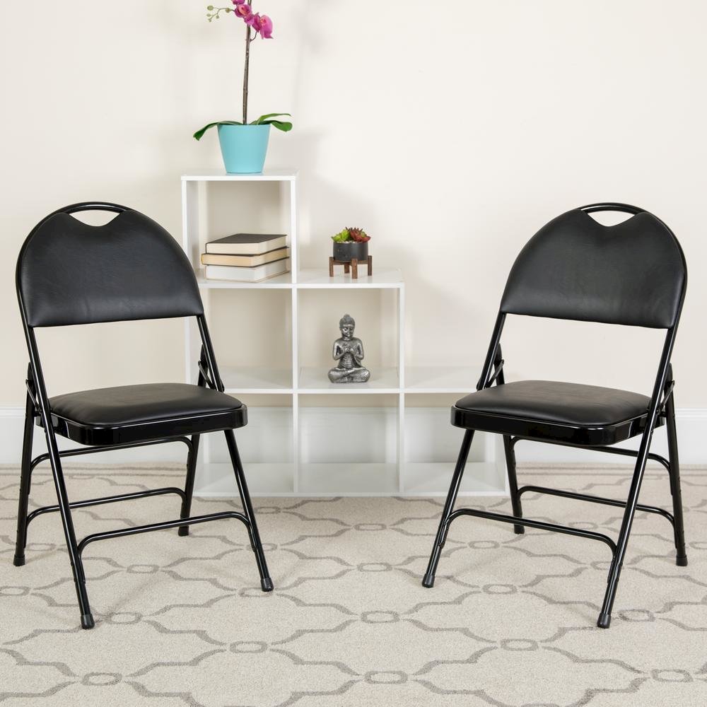HERCULES Series Ultra-Premium Triple Braced Black Vinyl Metal Folding Chair with Easy-Carry Handle