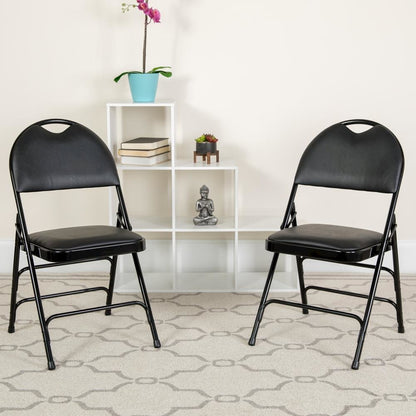 HERCULES Series Ultra-Premium Triple Braced Black Vinyl Metal Folding Chair with Easy-Carry Handle
