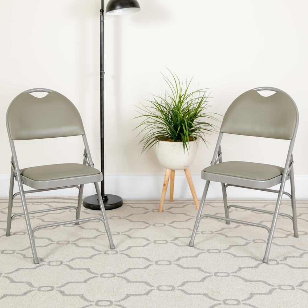 HERCULES Series Ultra-Premium Triple Braced Gray Vinyl Metal Folding Chair with Easy-Carry Handle