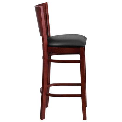 Solid Back Mahogany Wood Restaurant Barstool - Black Vinyl Seat
