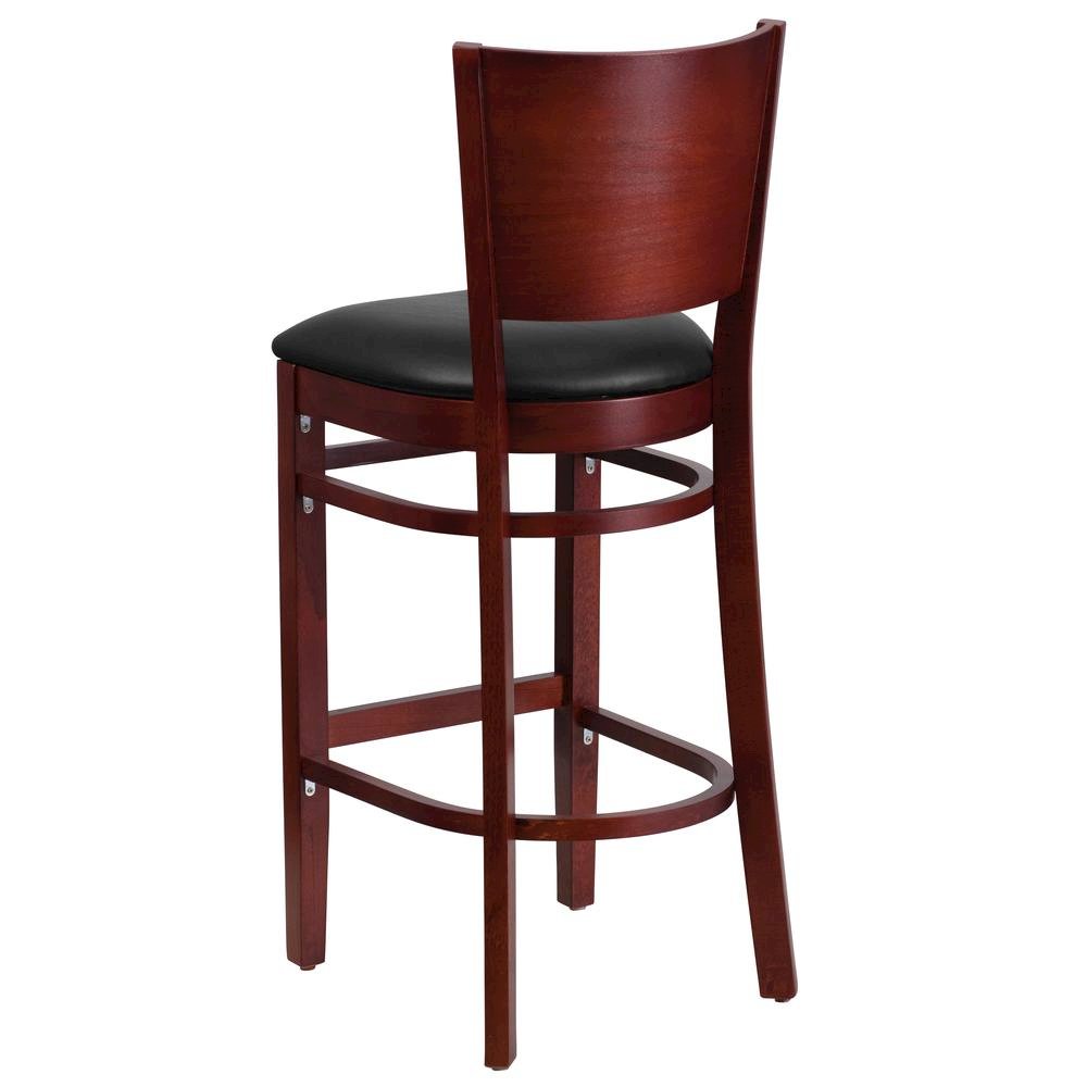 Solid Back Mahogany Wood Restaurant Barstool - Black Vinyl Seat