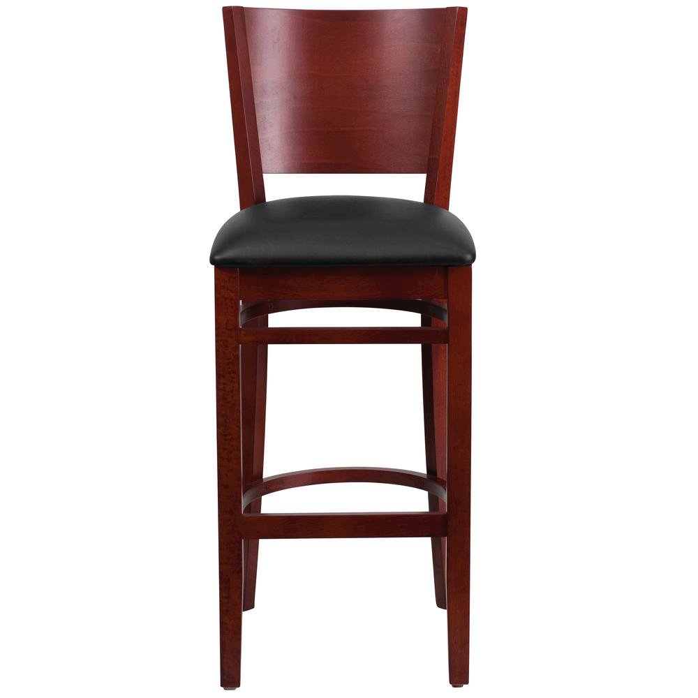 Solid Back Mahogany Wood Restaurant Barstool - Black Vinyl Seat