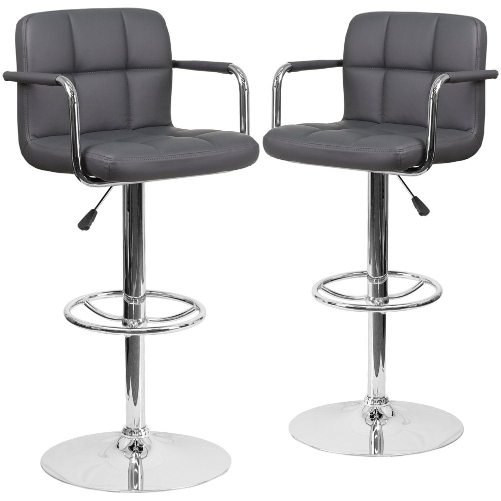 2 Pk. Gray Quilted Vinyl Adjustable Height Barstool with Arms and Chrome Base