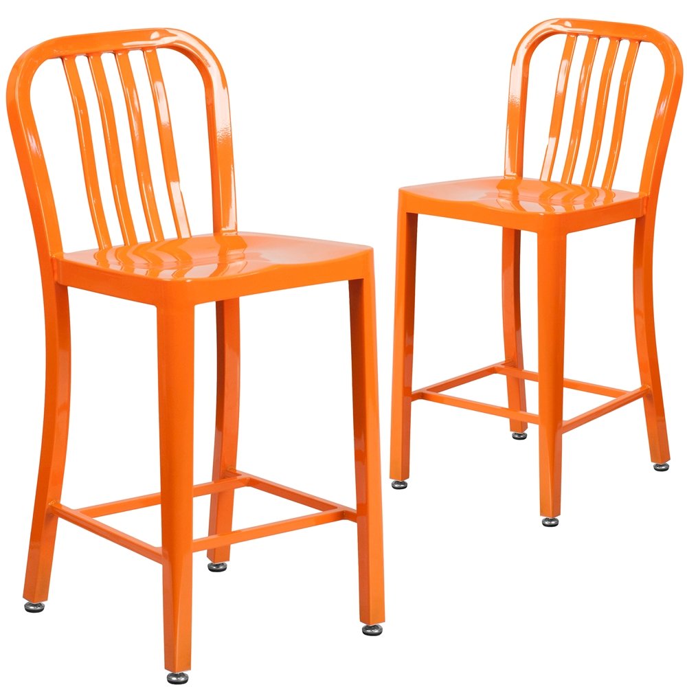 2 Pk. 24'' High Orange Metal Indoor-Outdoor Counter Height Stool